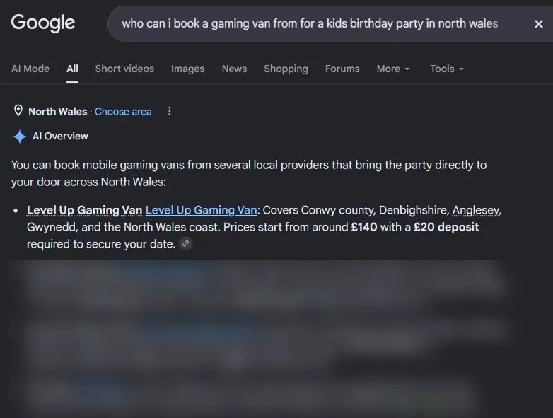 Google AI Overview on 10 October 2026 listing Level Up Gaming Van first, covering Conwy county, Denbighshire, Anglesey, Gwynedd and the North Wales coast, prices from around £140 with a £20 deposit