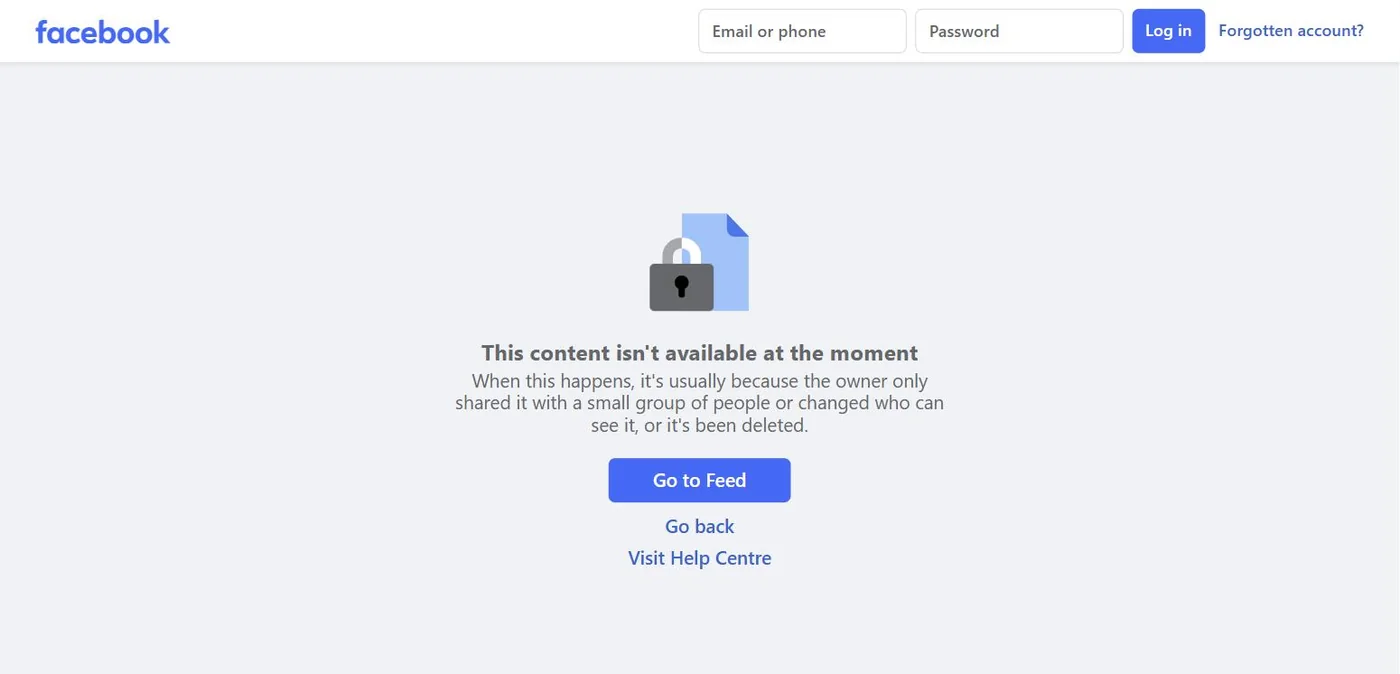 Facebook page showing a padlock and This content isn't available at the moment