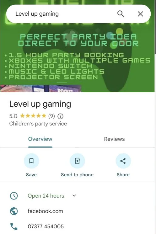 Google Maps profile for Level up gaming, 5.0 from 9 reviews, with facebook.com as its website