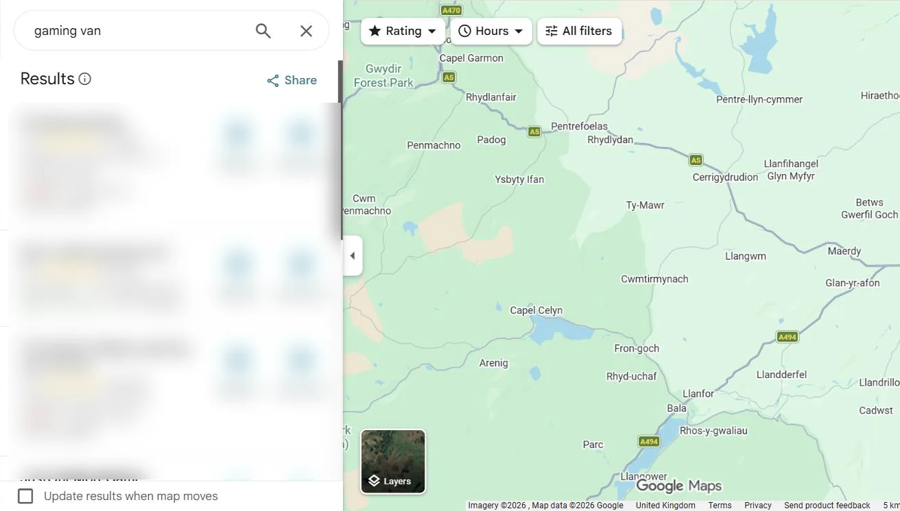 Google Maps results for gaming van centred on inland Conwy, with other businesses blurred