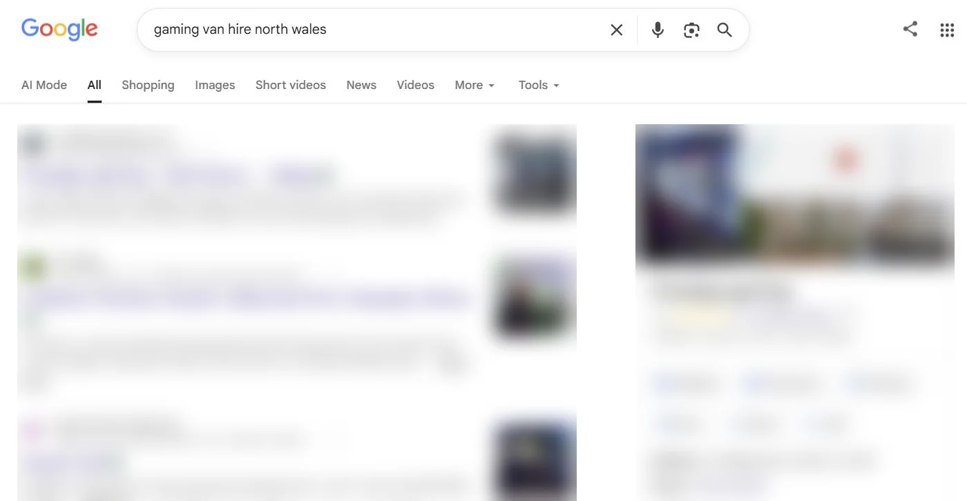 Google results for gaming van hire north wales on 4 August 2026, with other businesses blurred and no Level Up result