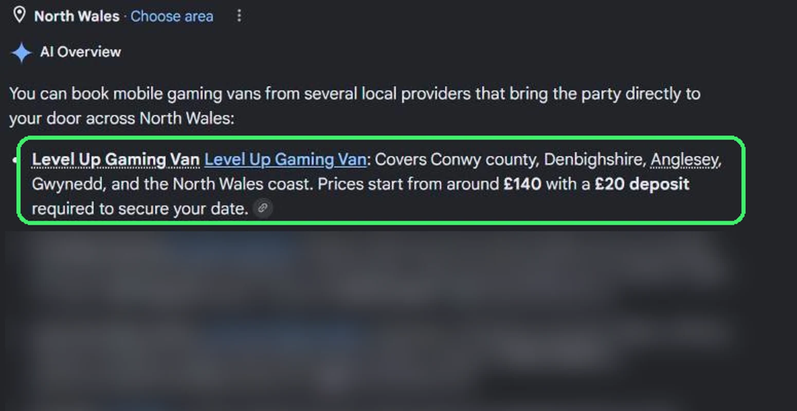 Google's AI Overview naming Level Up Gaming Van first for gaming van parties in North Wales, with the Level Up line ringed in green