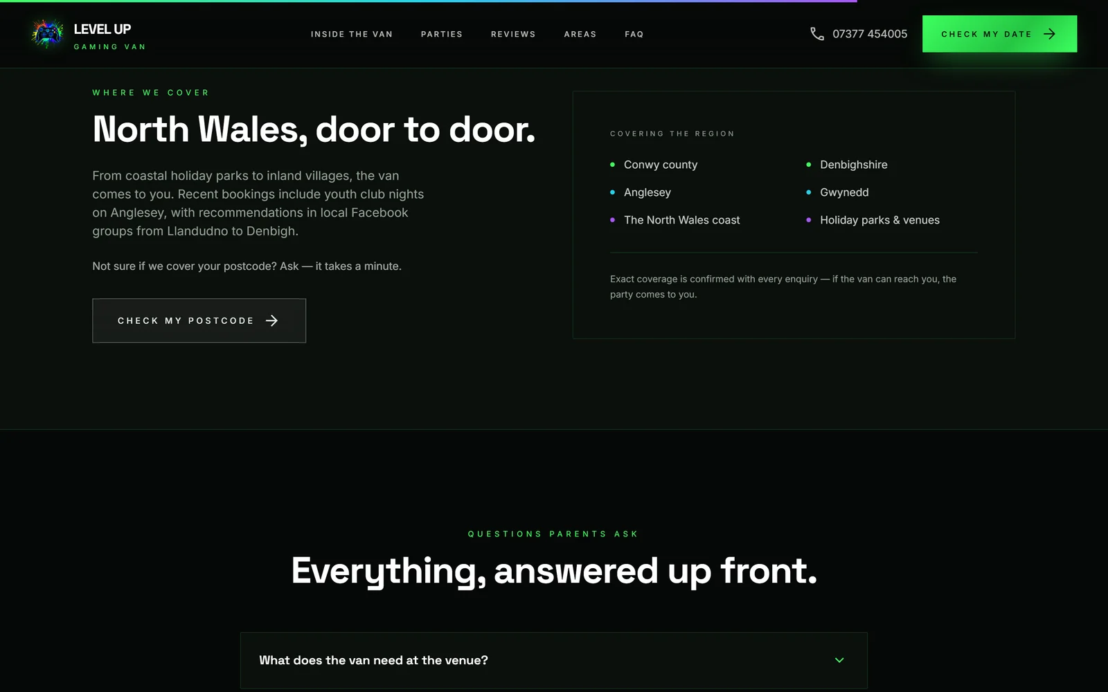 The areas section of the Level Up website: Conwy county, Denbighshire, Anglesey, Gwynedd, the North Wales coast, holiday parks and venues