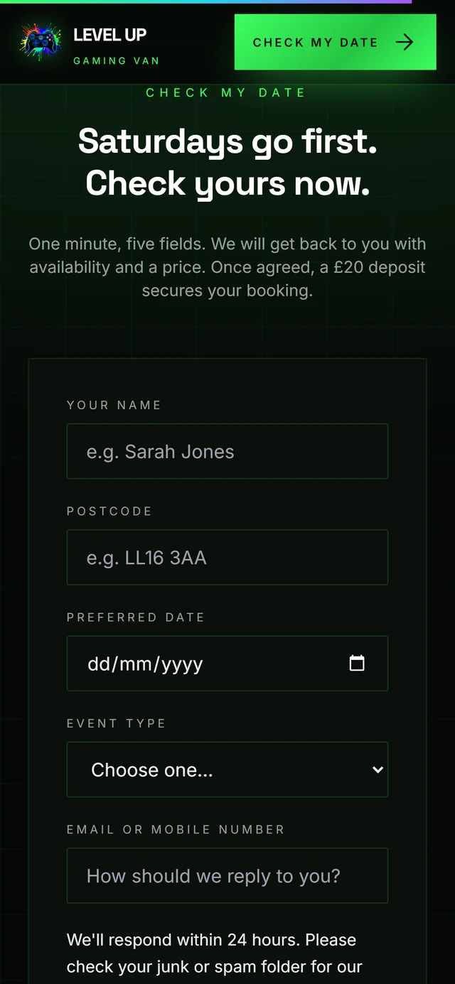 The Check my date enquiry form on the Level Up website