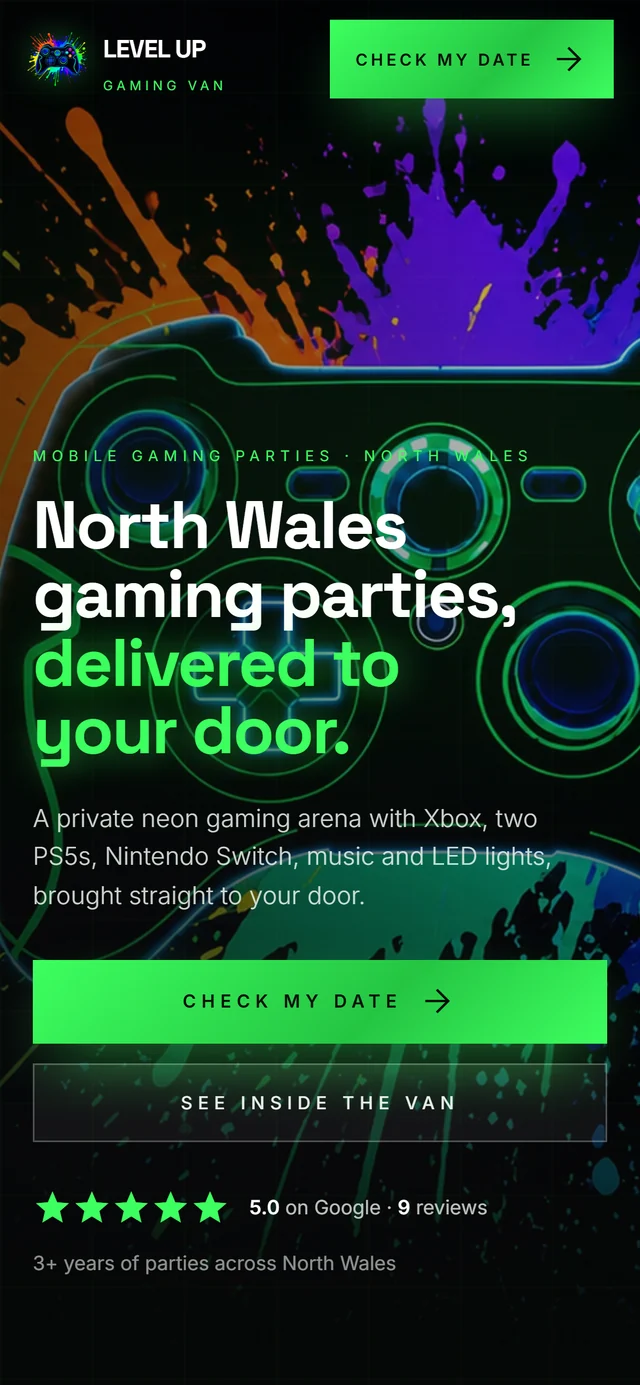 The Level Up Gaming Van website on a phone