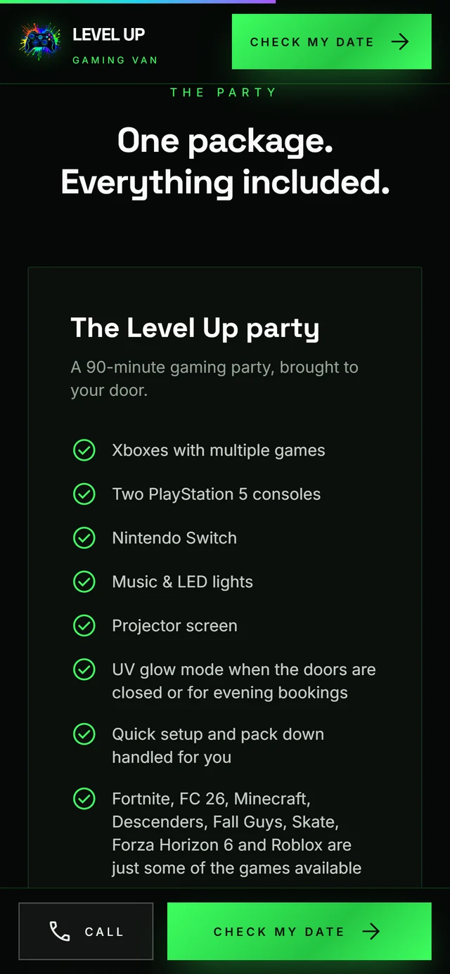 The party package on the Level Up website, parties from £140