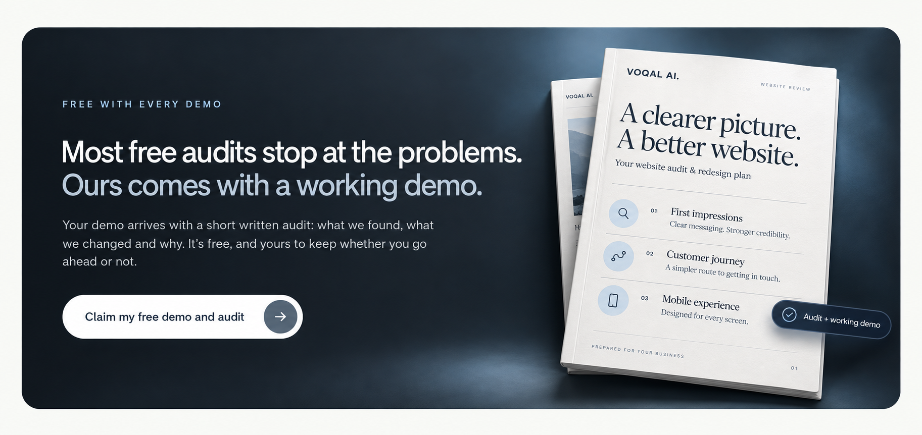 Free with every demo. Most free audits stop at the problems. Ours comes with a working demo. Your demo includes a short written audit: what we found, what we changed and why. Free and yours to keep whether you go ahead or not.